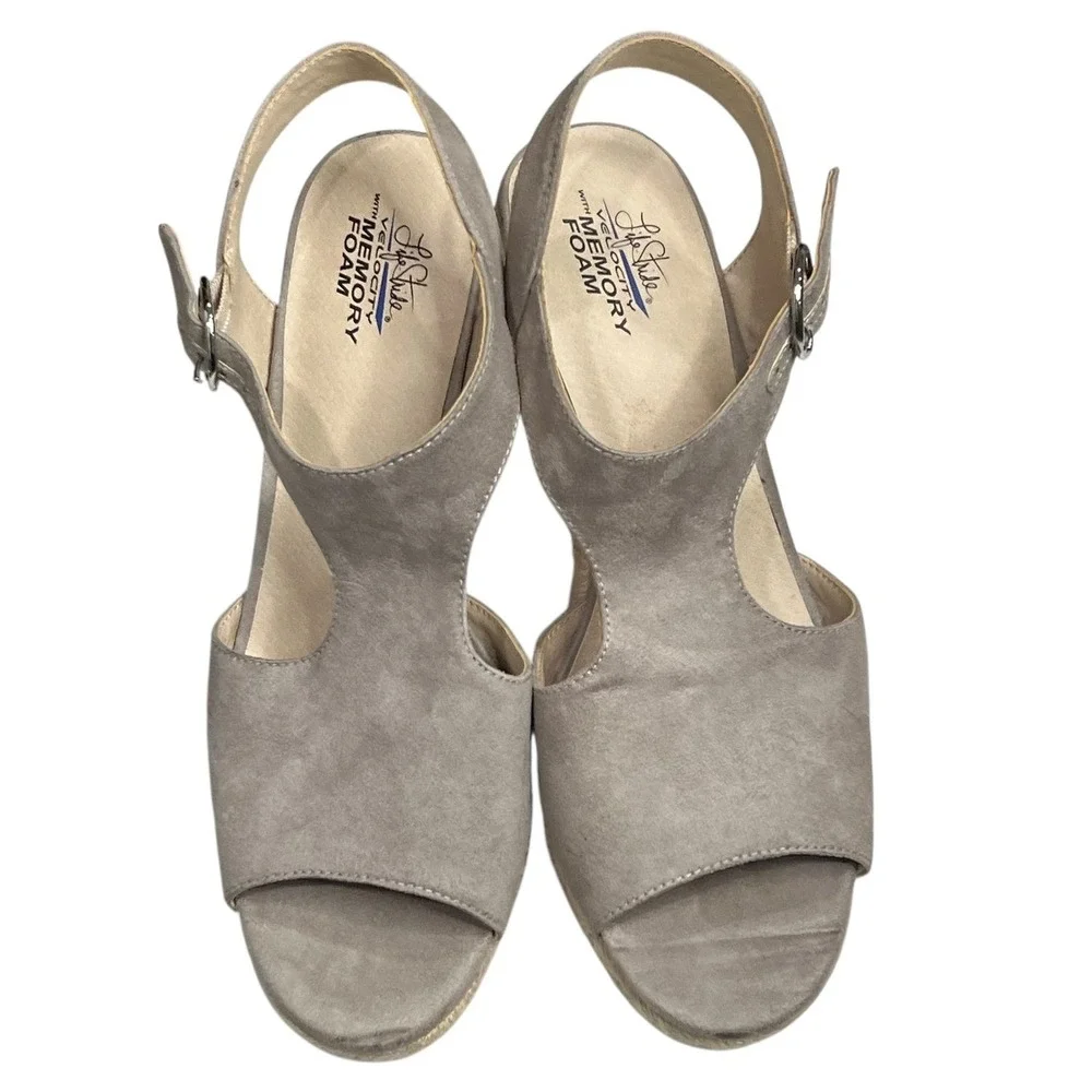 LifeStride Velocity Wedge Sandals Women 9.5 Taupe Suede Espadrille Comfort Shoes